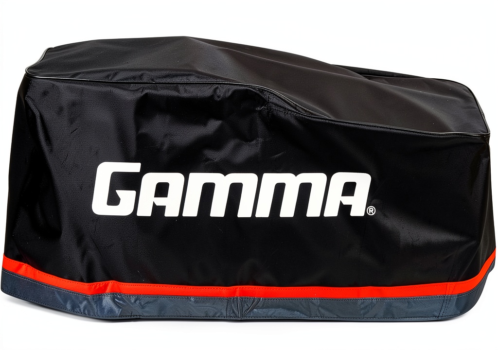 Gamma tennis machine cover protecting a stringing machine on a court